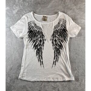 Vocal angel wing print lace V-neck insert top shirt Womens S Fairy Whimsigoth